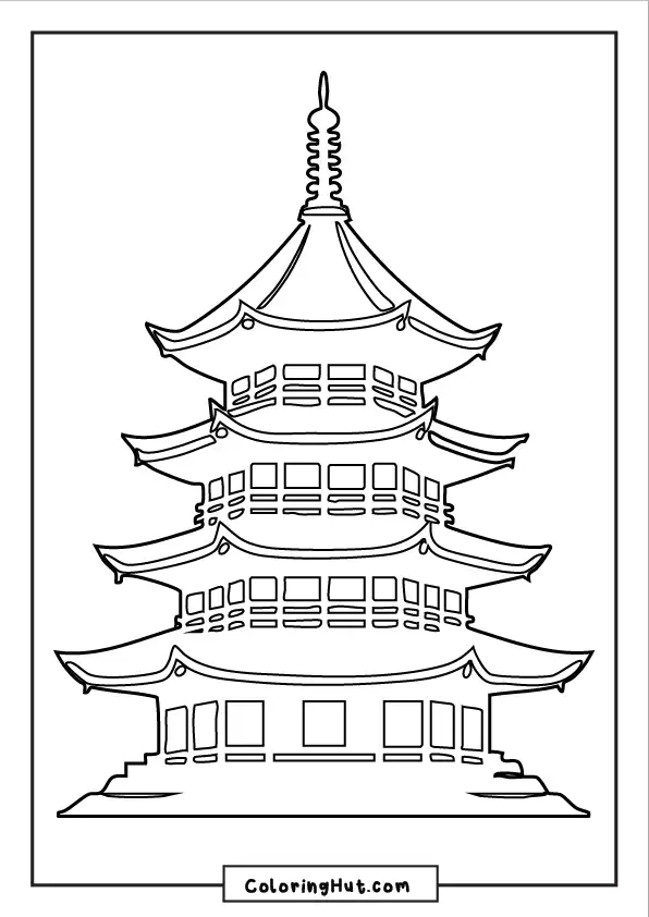 Detailed illustration of a traditional Asian pagoda with multiple ornate roofs, ready for coloring.