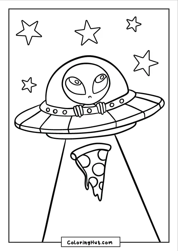 Funny alien in spaceship beaming up a slice of pizza under a starry sky – quirky and imaginative coloring page
