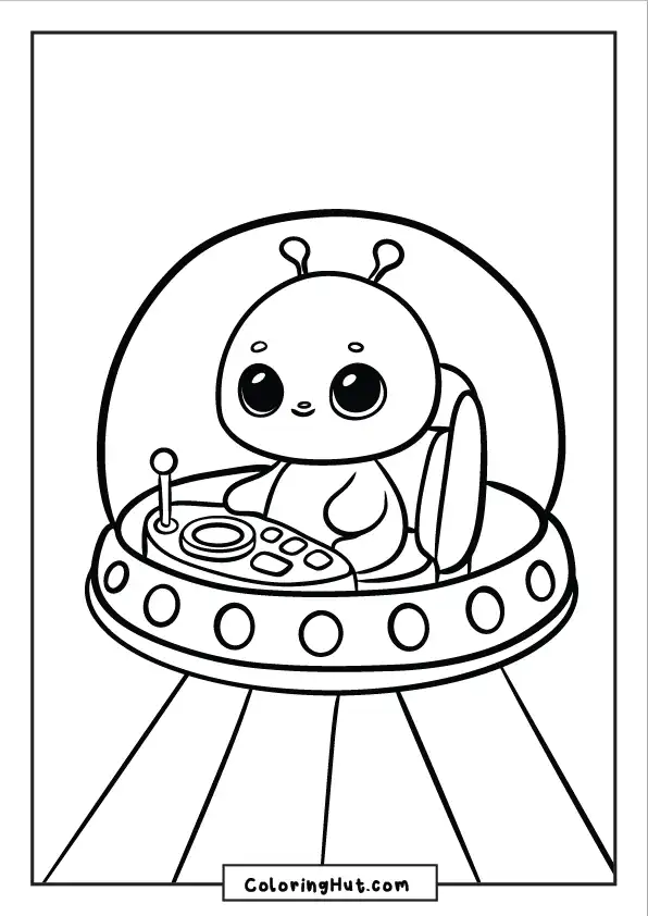 Adorable alien sitting inside a flying saucer with control panel and beam lights