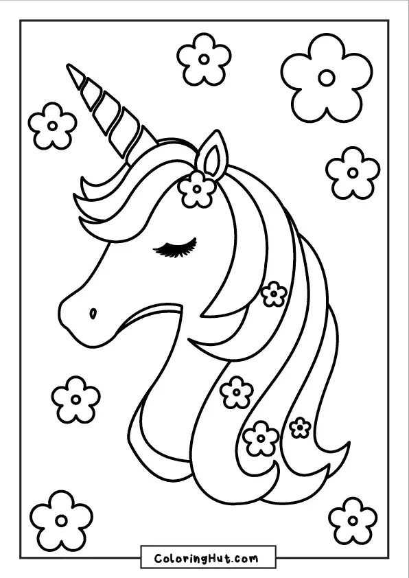Outline of a unicorn head with a flowing mane decorated with flowers and surrounded by floating flowers.