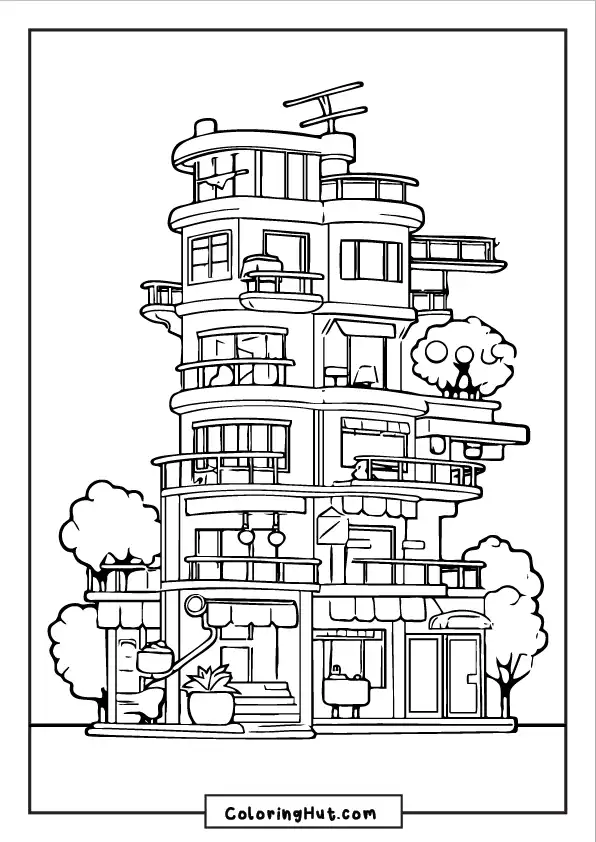 A uniquely designed urban high-rise apartment with terraces, balconies, and lush greenery.