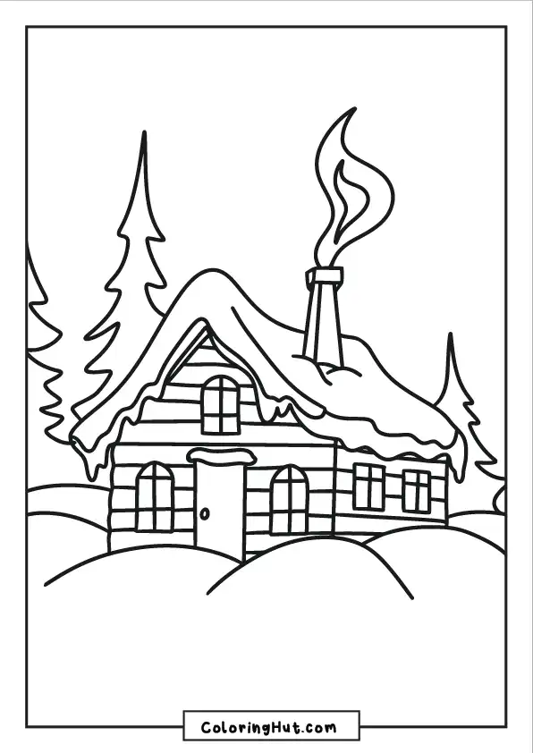Charming winter cabin scene with snow-covered roof, pine trees, and smoke rising from the chimney.