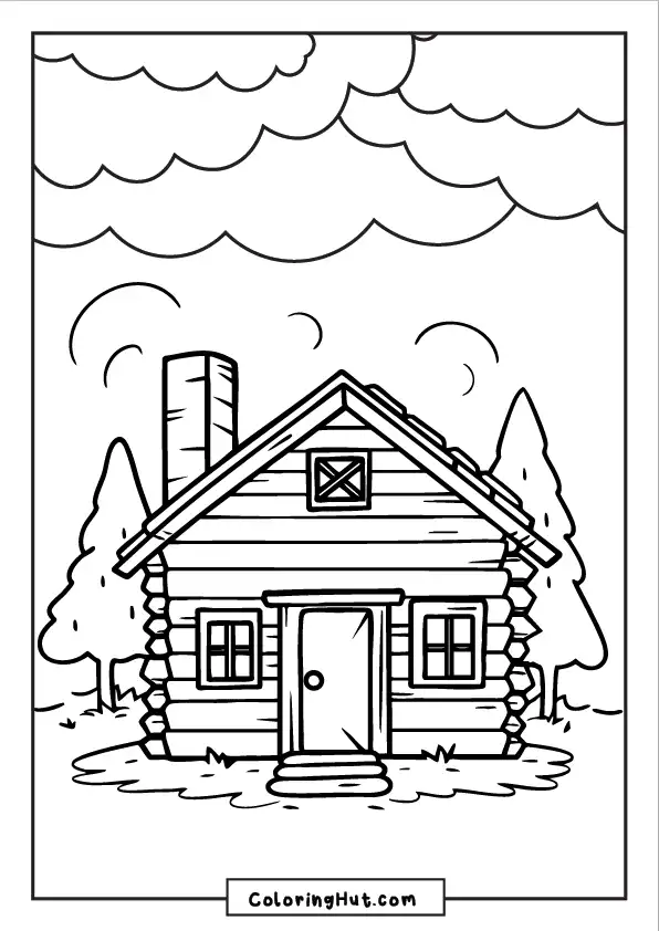 Wooden cabin coloring page featuring tall pine trees, a chimney, and a dramatic cloudy sky.