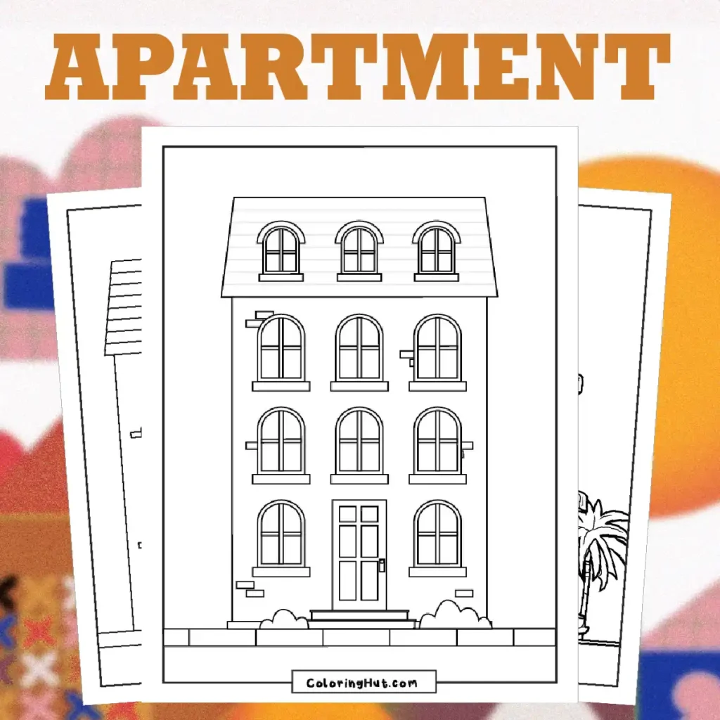 Urban apartment building coloring page with detailed windows and balconies, great for city-themed coloring fun