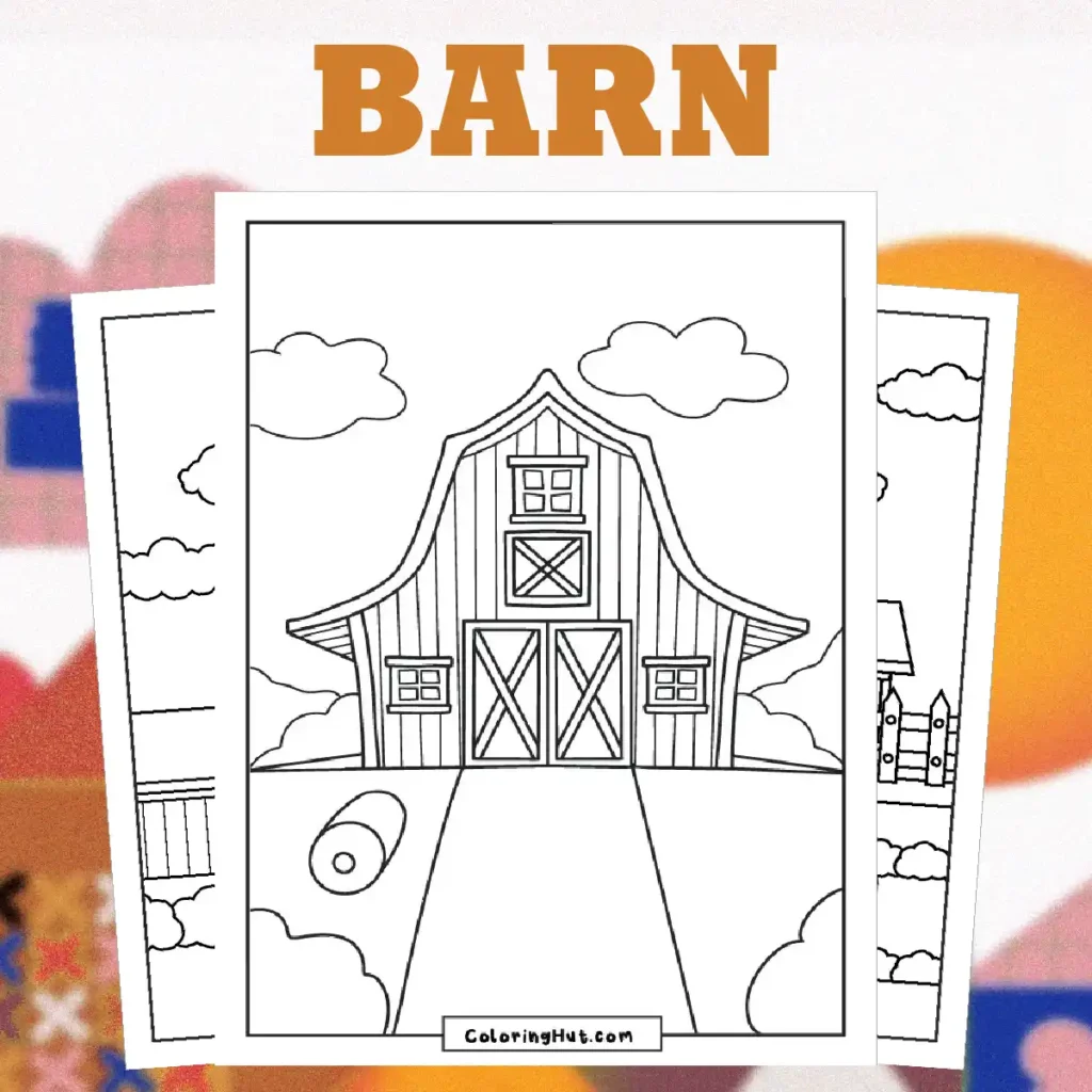 Classic barn coloring page featuring a rustic farm scene with a large barn, silo, and countryside details for kids to color.