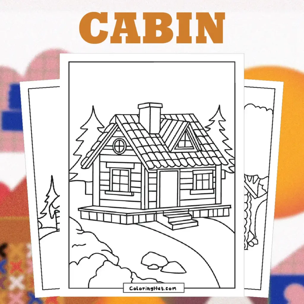 Cozy cabin coloring page featuring a wooden house surrounded by trees and nature, perfect for creative coloring time
