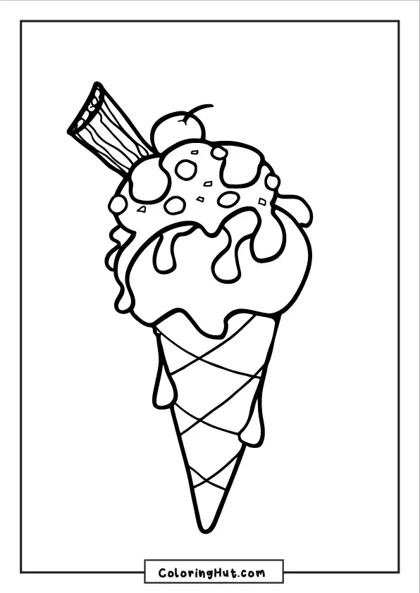 A detailed coloring page of a melting ice cream cone with a cherry on top and chocolate drizzle.