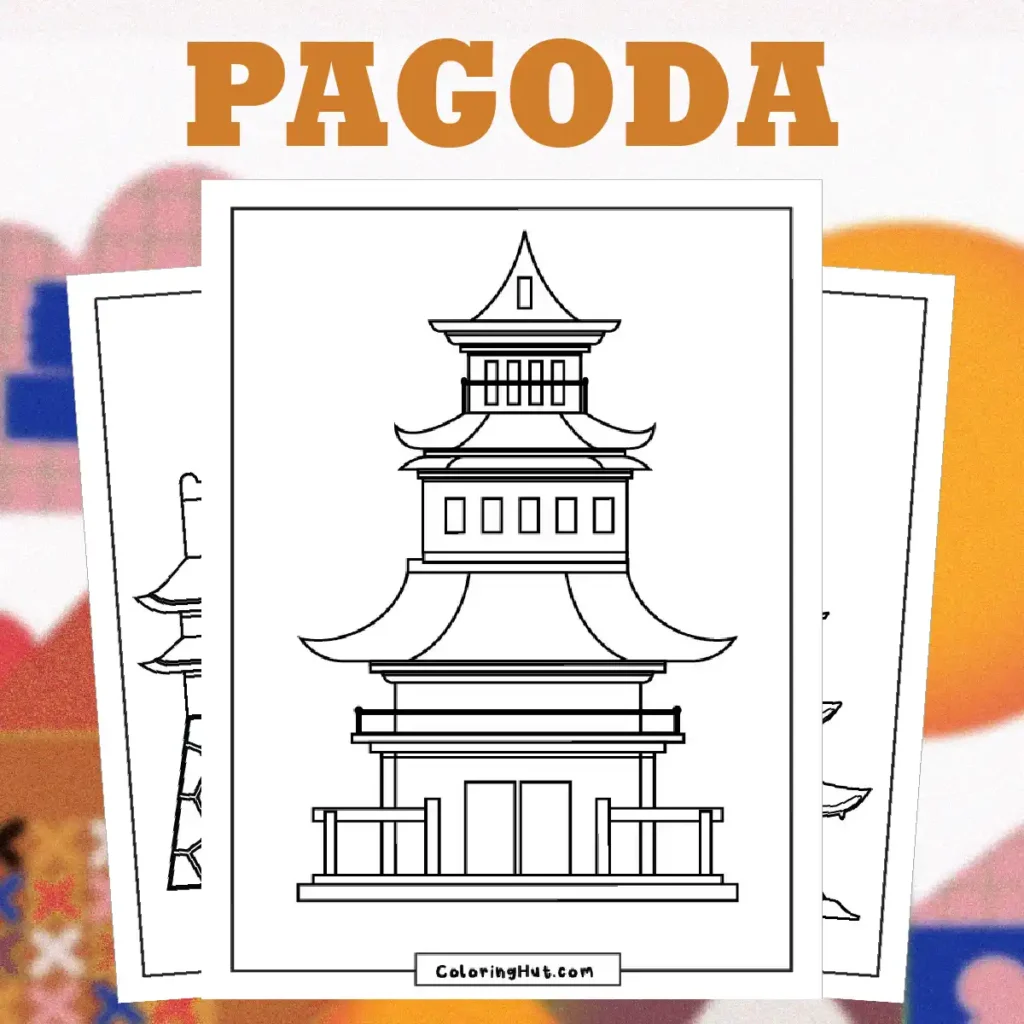 Traditional pagoda coloring page with multi-tiered roof, ornamental details, and peaceful landscape background for coloring fun
