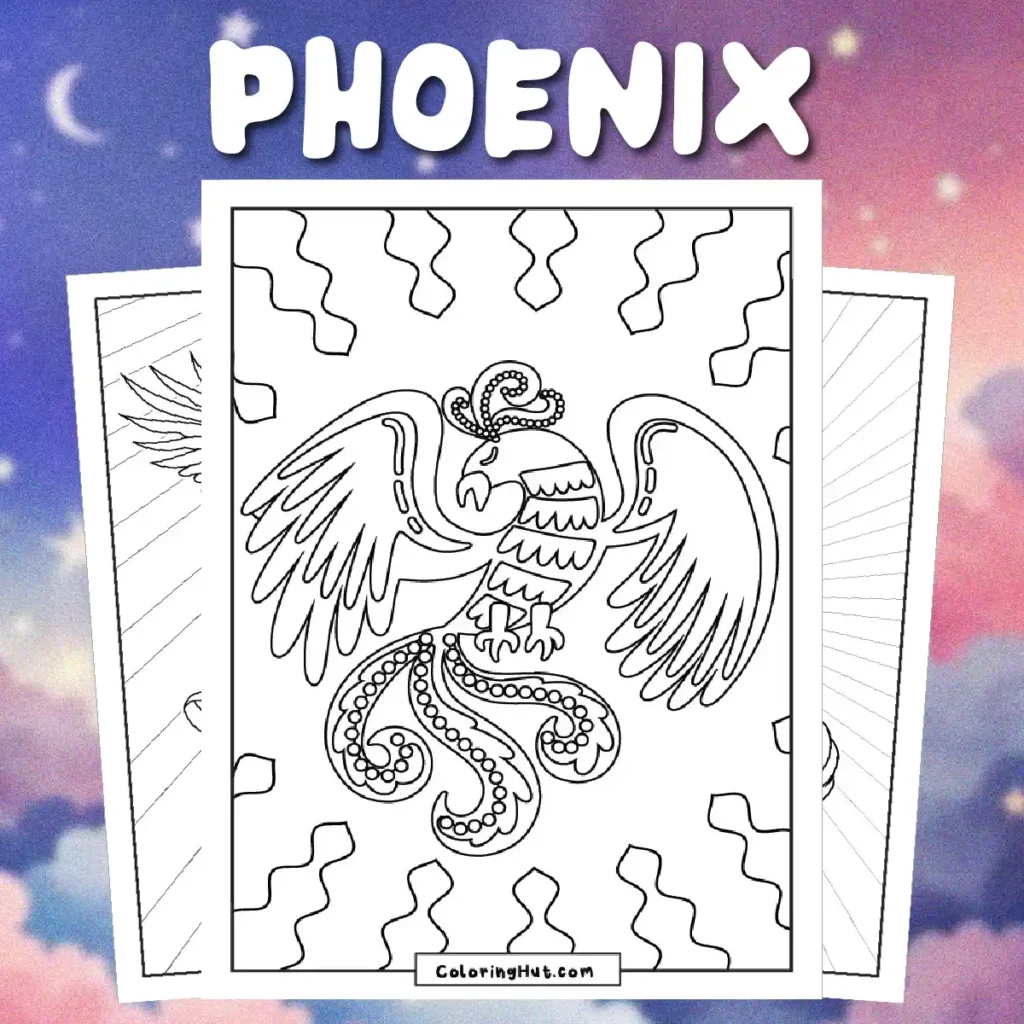 Powerful phoenix coloring page with fiery wings, flowing feathers, and rising flame details for mythical creature lovers