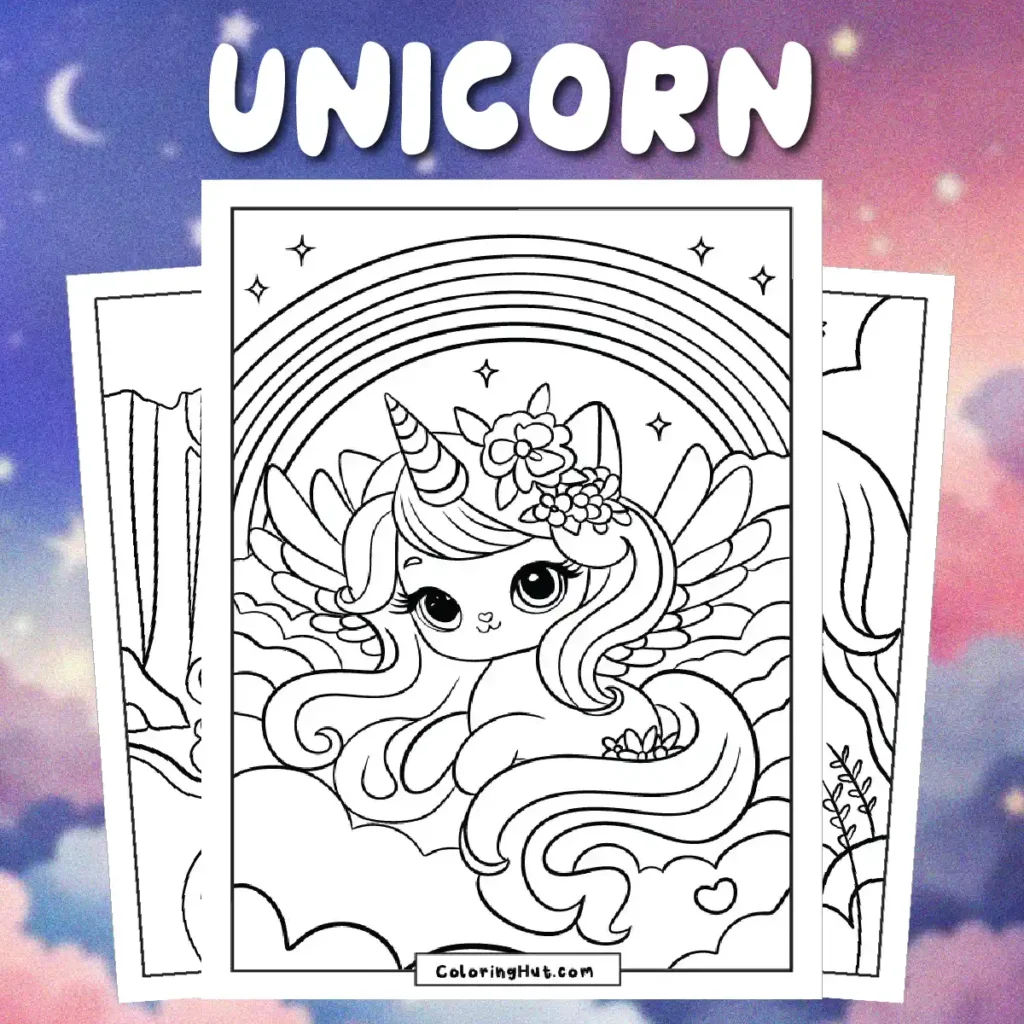 Whimsical unicorn coloring page with a magical horn, flowing mane, and fantasy background perfect for creative coloring fun