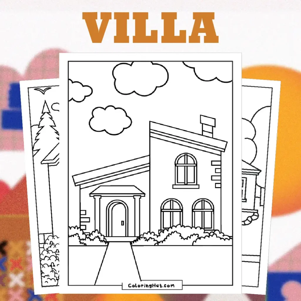 Charming villa coloring page featuring a detailed house with windows, a tiled roof, garden scenery, and trees for kids to color
