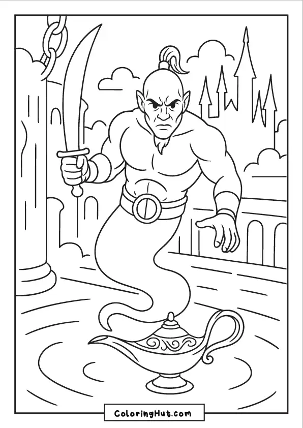 Fierce djinn emerging from a magic lamp holding a curved sword in a palace courtyard