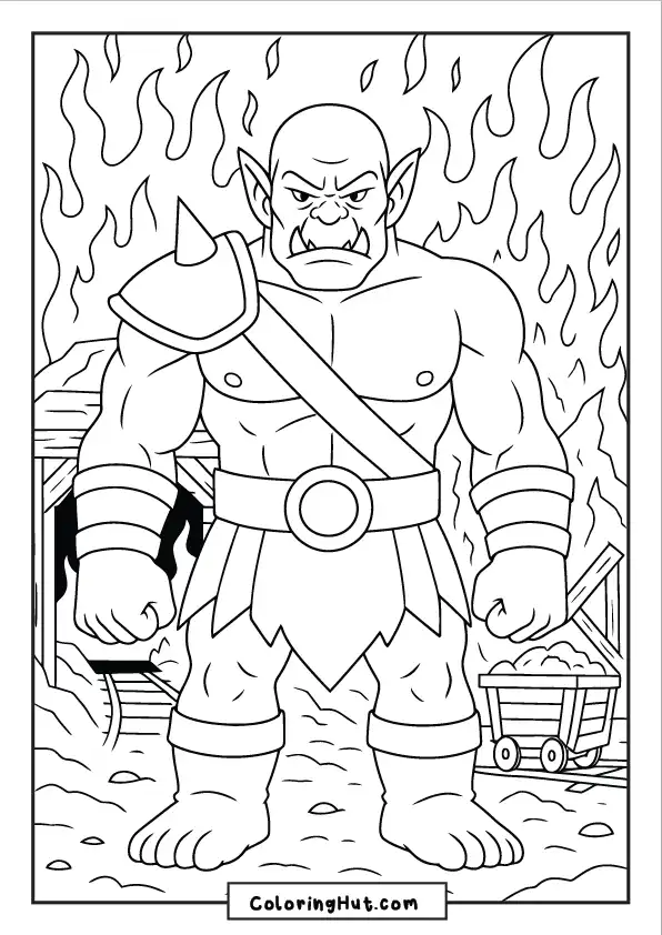 An enraged orc standing in front of a mine entrance engulfed in flames, with a mine cart nearby.