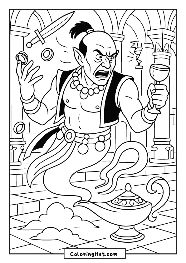 Furious djinn surrounded by flying treasures and magic rising from a lamp in a stone chamber