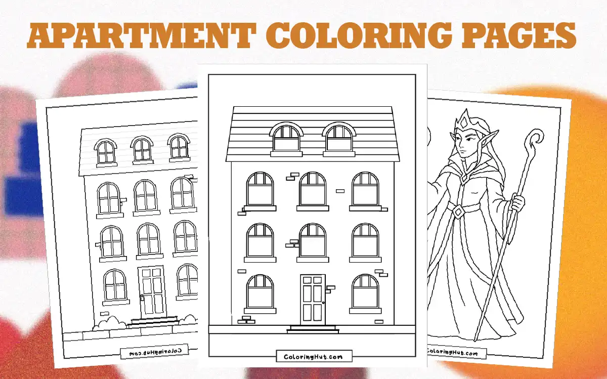 Easy-to-color image of a multi-story apartment building with large windows and brick details.