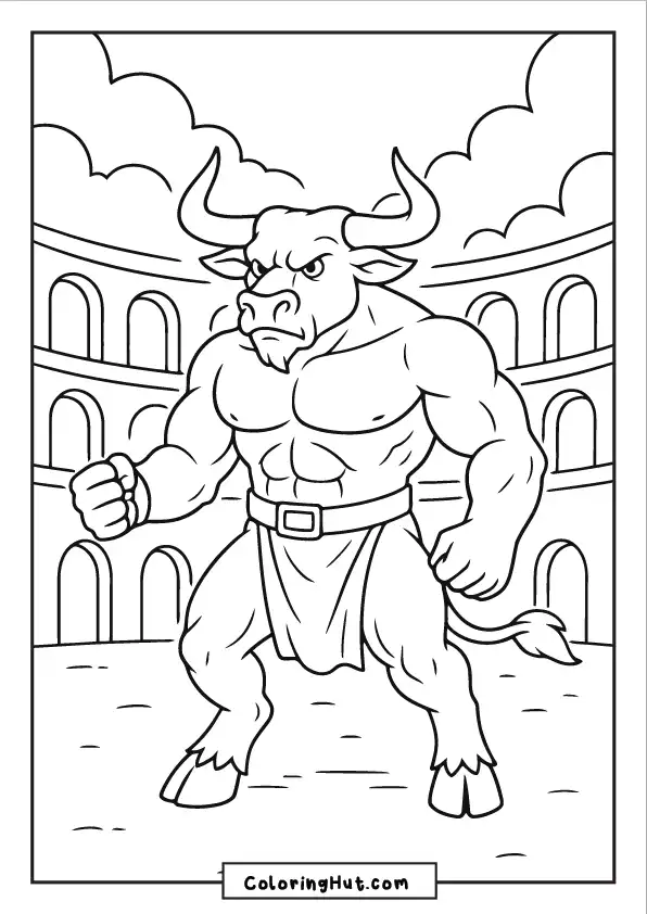 Fierce minotaur with clenched fists standing in a colosseum ready for battle
