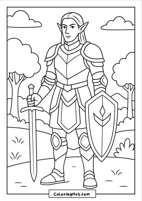 Brave elf warrior in full armor holding a sword and shield in a forest setting