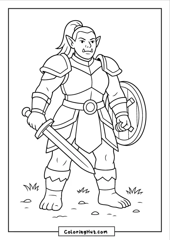 A fierce female orc wearing armor and holding a sword and shield, standing in a battle-ready pose.