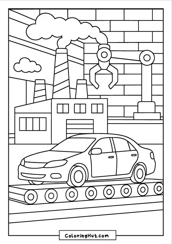 Sedan on a conveyor belt in front of a robotic and smoke-emitting auto factory
