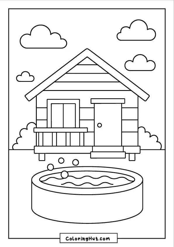 Simple wooden house with a round kiddie pool and floating balls in front