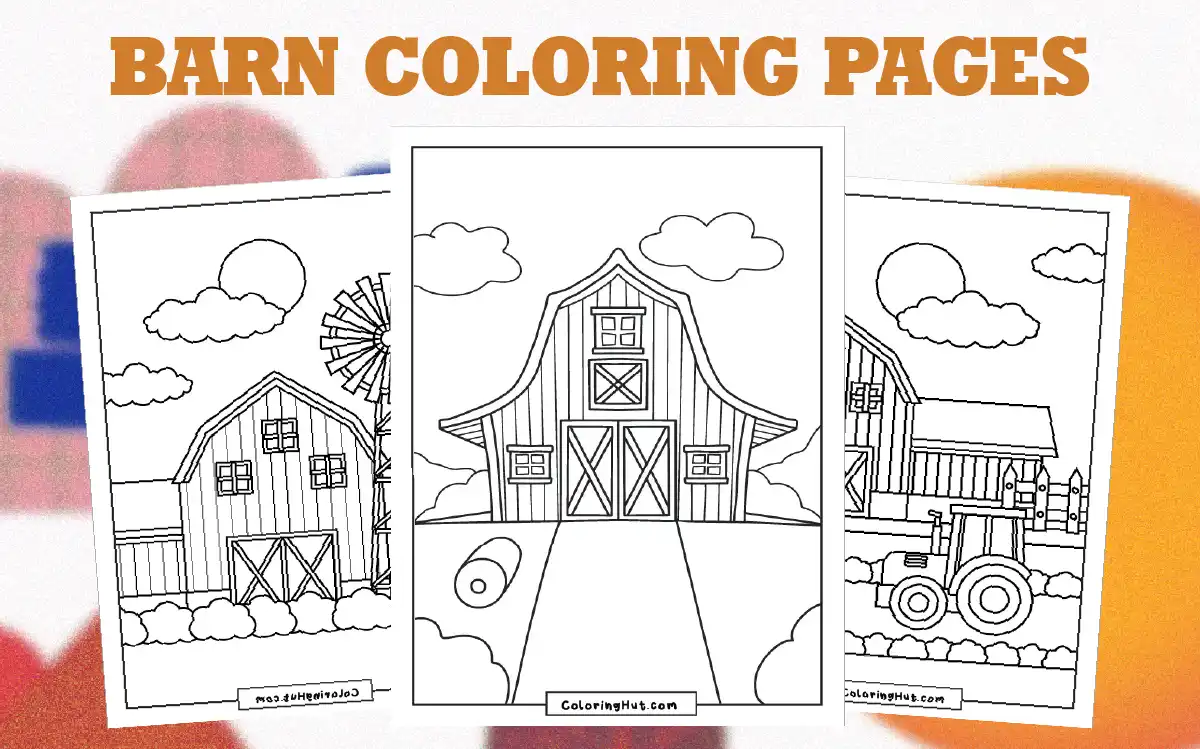 Classic red barn with hay bales and a windmill in the background, designed in a black-and-white coloring style.