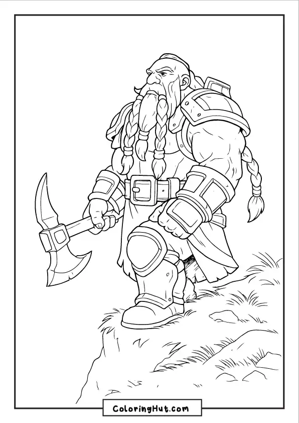 Armored dwarf warrior standing on a cliff with a large axe, ready for battle
