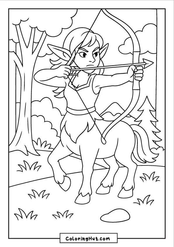 Fierce female centaur aiming her bow and arrow in a forest scene