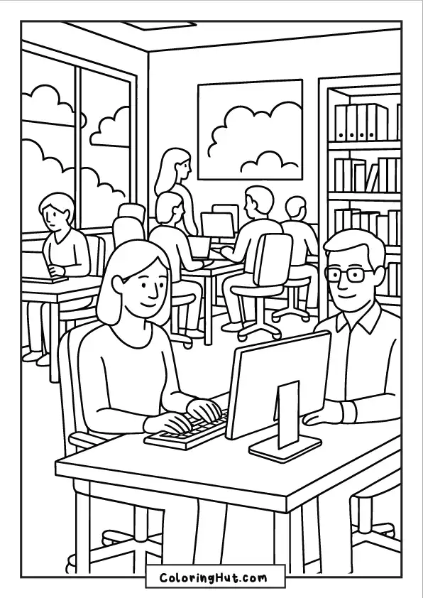 A lively open office scene with people working at computers in a collaborative workspace.