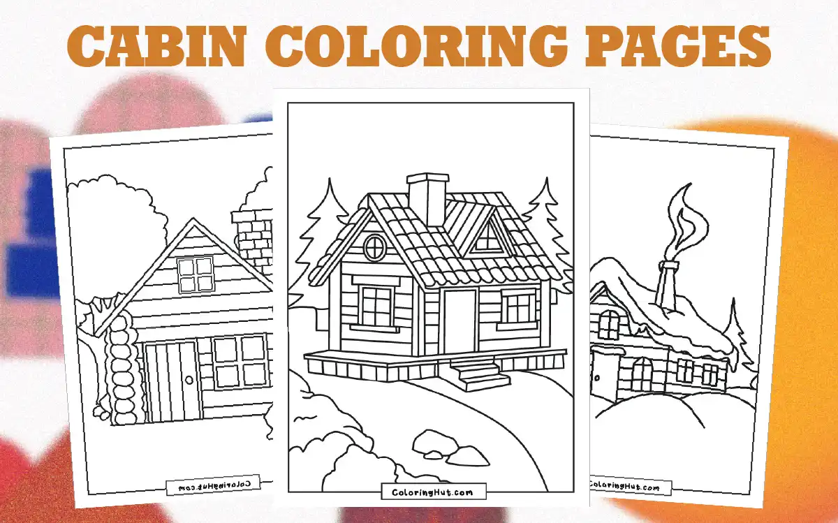 Log cabin in the woods with a stone path and pine trees, created for forest-themed coloring sessions.