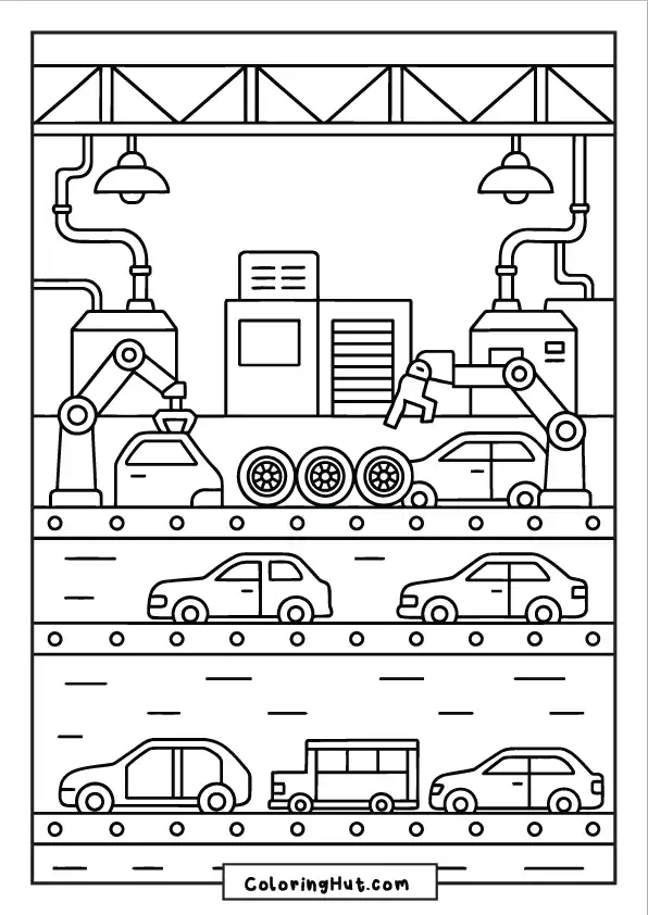 Multiple vehicles being constructed on a conveyor belt with robotic arms in an auto factory
