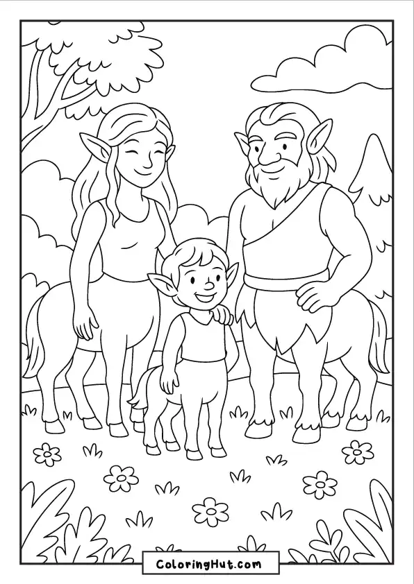 Loving centaur family with a smiling child standing in a meadow of flowers