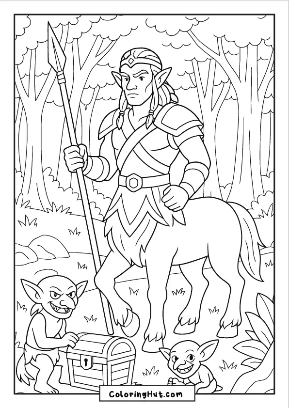 Strong centaur warrior standing tall with spear while two goblins sneak around a treasure chest