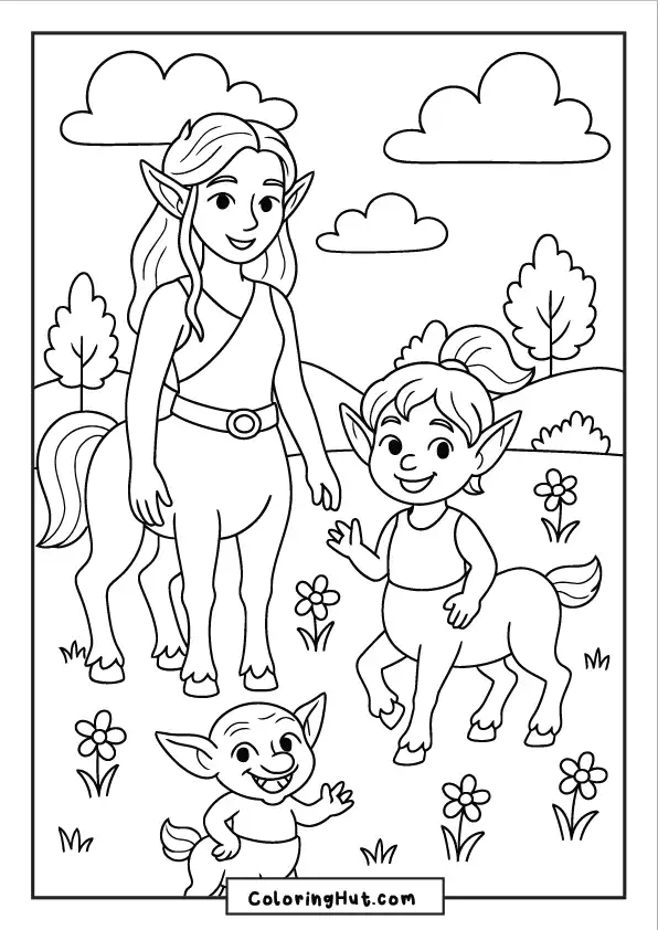 Happy centaur mom and two kids playing in a meadow full of flowers