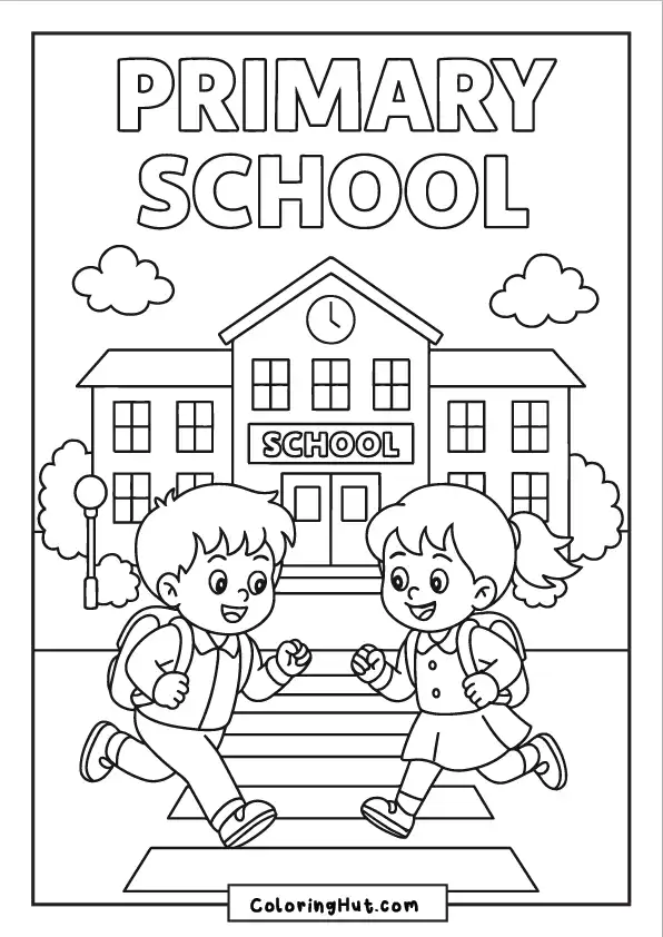 Two energetic kids with backpacks running across a crosswalk toward their primary school