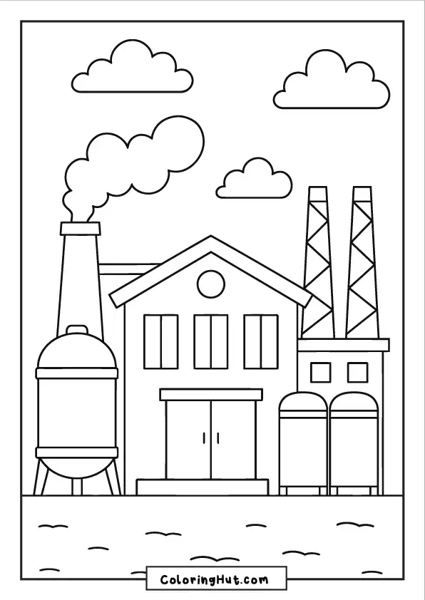 Old-style factory with chimney stacks, tanks, and cloudy sky above industrial buildings