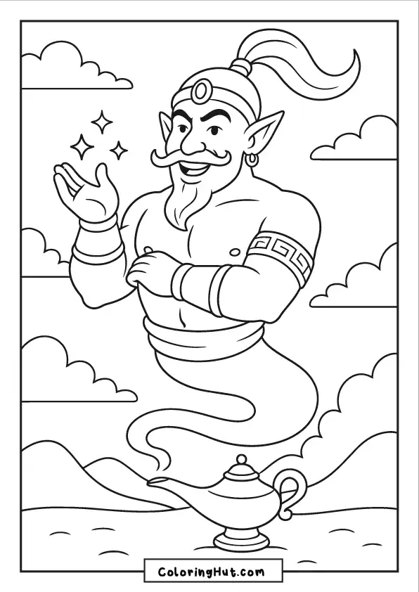 Friendly djinn smiling and gesturing with magical sparkles near a genie lamp