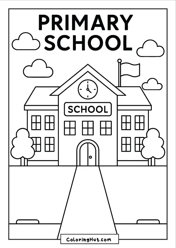 Traditional primary school with a central clock, waving flag, and surrounding clouds
