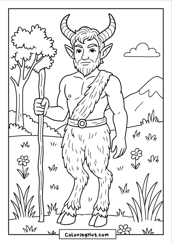 Bearded faun standing proudly in a meadow with flowers and mountains in the background