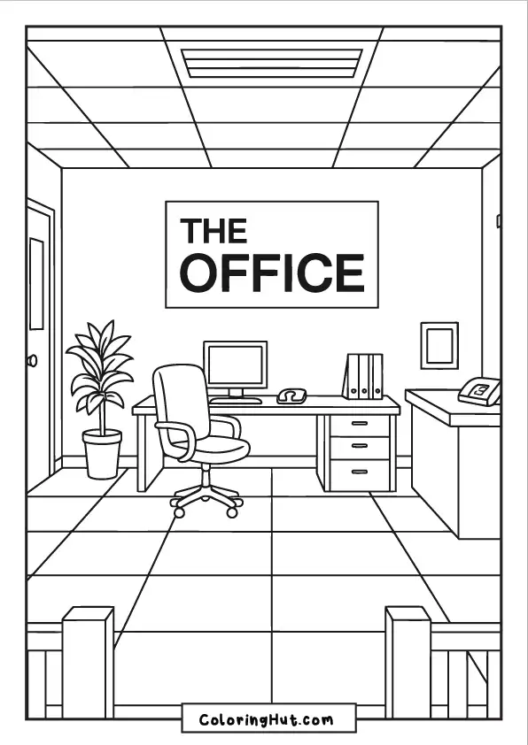 A formal office reception setup with a swivel chair, desktop computer, file organizers, and “The Office” sign on the wall.