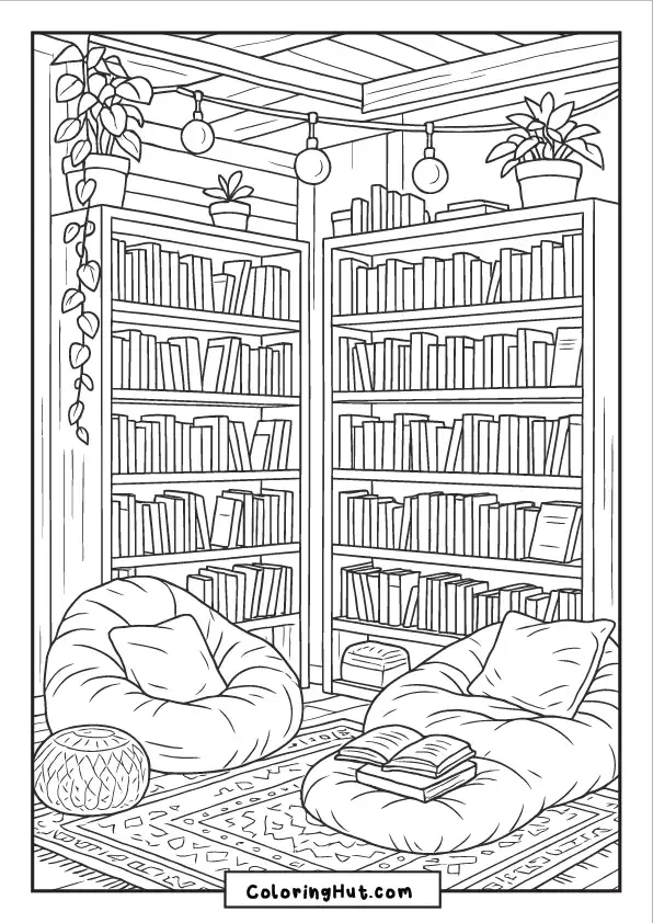 Soft bean bags and indoor plants in a warm library corner with full bookshelves