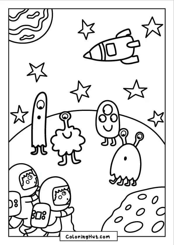 Cartoon-style astronauts meeting friendly aliens on a distant galaxy planet with stars and a rocket ship in the background.