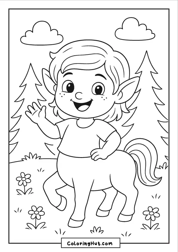 Smiling baby centaur waving happily in a flowery forest landscape