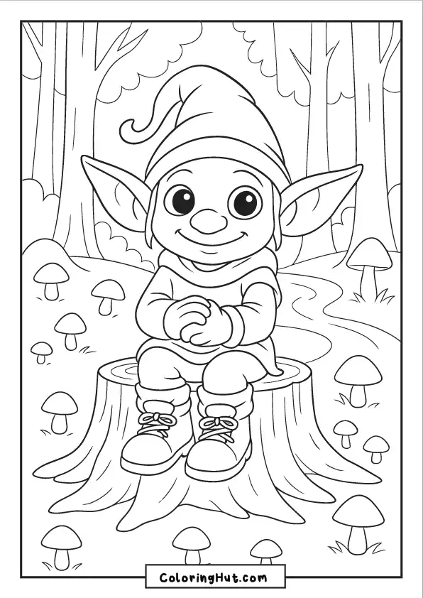 Adorable goblin smiling and sitting peacefully on a stump surrounded by mushrooms in the forest