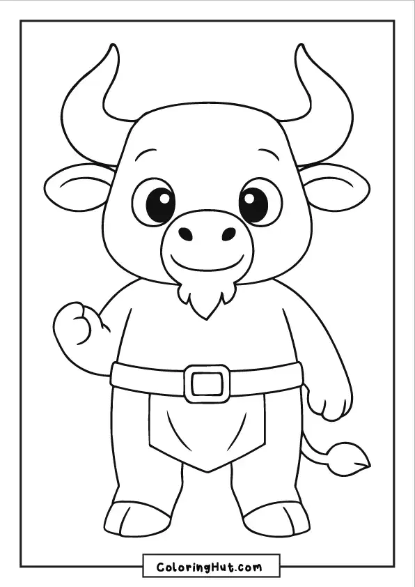 Smiling cartoon-style minotaur waving with one hand in a friendly pose
