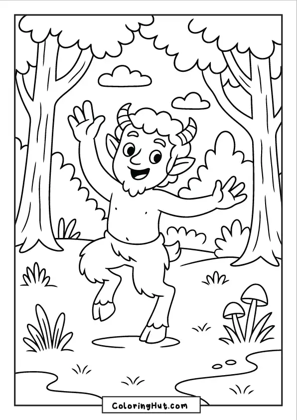 Joyful faun dancing barefoot among trees and mushrooms