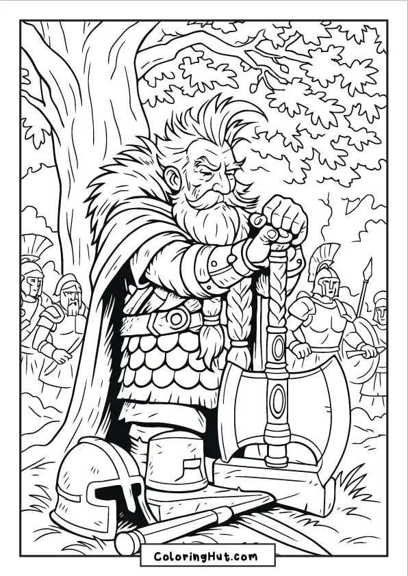 Elder dwarf commander resting on a war hammer with a troop of soldiers behind him