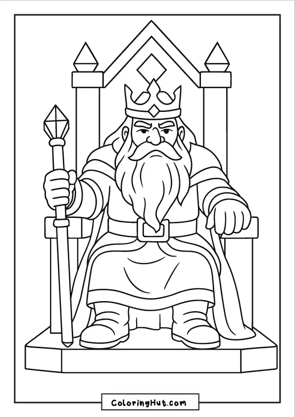 Black and white coloring page of a regal dwarf king seated on a throne, holding a royal staff and wearing a crown and robe.