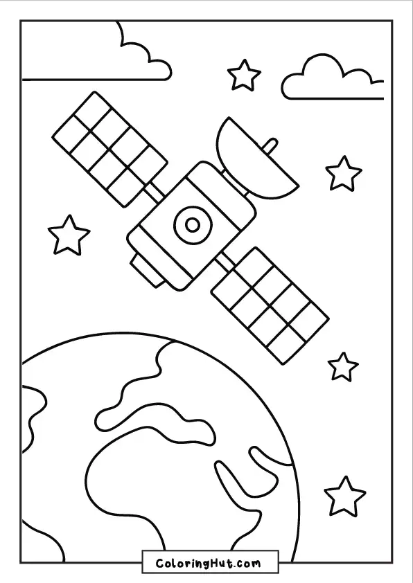 Satellite circling the Earth with stars and clouds in the background