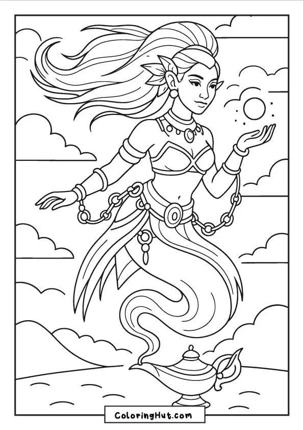 Beautiful female djinn floating from a lamp with flowing hair and mystical energy in her hand