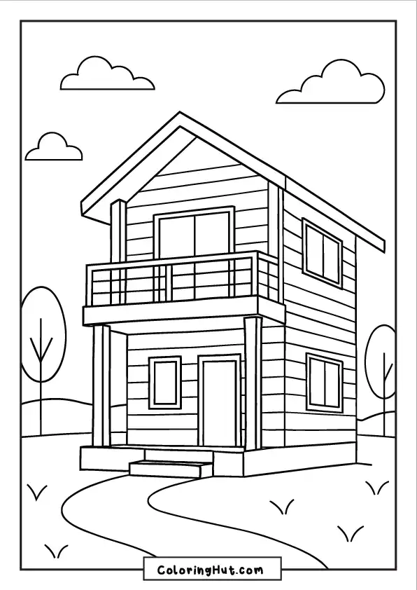 Tall wooden house with a balcony and a winding path in a hilly landscape
